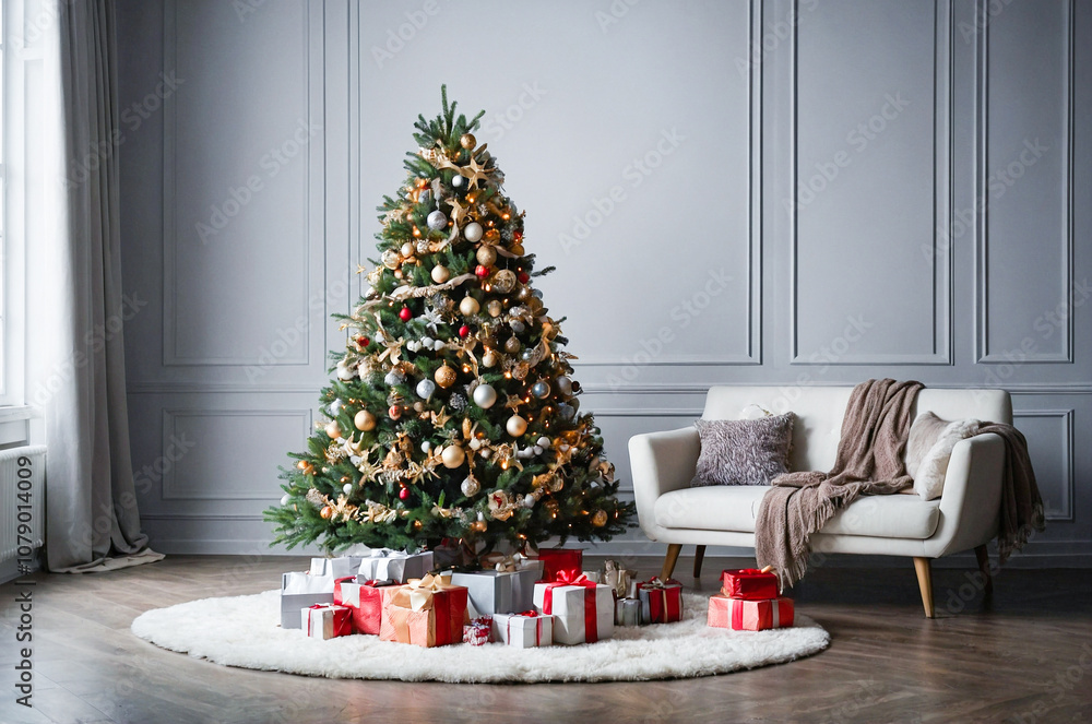 Decorated Christmas tree with holiday presents and sofa. Decorated Christmas tree with holiday presents and sofa.