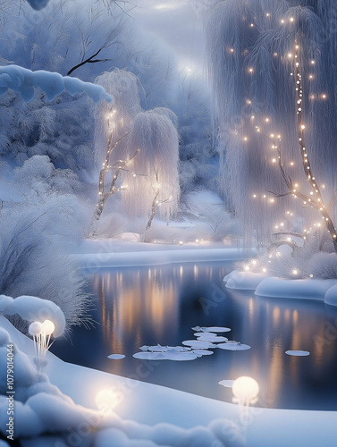 Enchanted Winter Wonderland with Snowy Trees and Twinkling Lights. A magical winter scene featuring snow-covered trees adorned with twinkling lights beside a serene, reflective river.