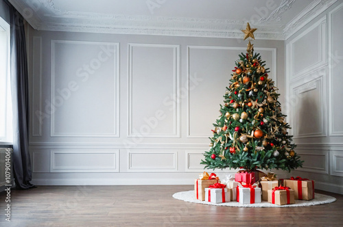 Decorated Christmas tree with holiday presents in modern white room.