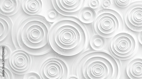 A textured white wall featuring layered circular patterns creating depth and elegance.