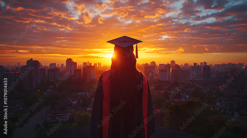 Cinematic wide shot of a young woman in a graduation gown and cap
Cinematic wide shot of a young woman in a graduation gown and cap