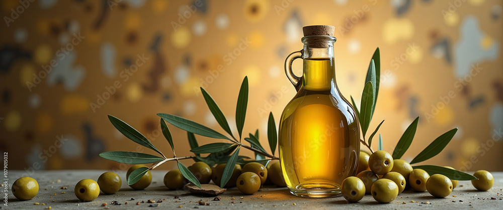 A bottle of olive oil sits on a table next to some olive leaves. The bottle is made of glass and has a cork stopper. The leaves are green and appear to be fresh. Concept of health and wellness A bottle of olive oil sits on a table next to some olive leaves. The bottle is made of glass and has a cork stopper. The leaves are green and appear to be fresh. Concept of health and wellness