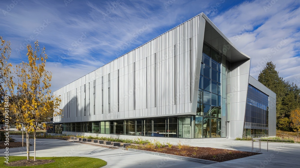 Modern building with glass facade and metal siding. Modern building with glass facade and metal siding.