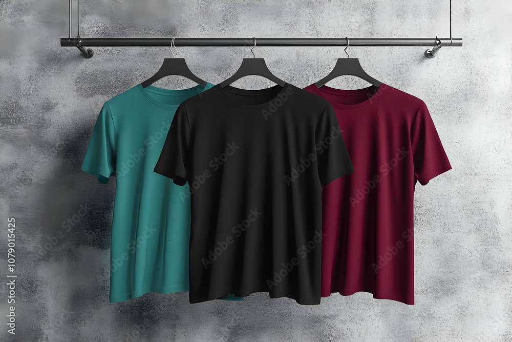 Three blank t-shirts hanging on a rack against a textured grey background. Three blank t-shirts hanging on a rack against a textured grey background.