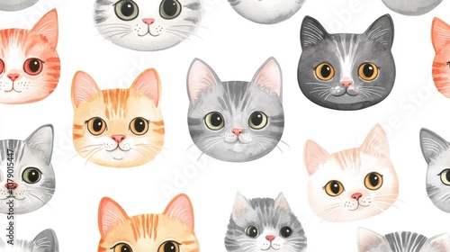 Colorful hand-drawn cat faces featuring orange, gray, and white kitten illustrations on a bright background.