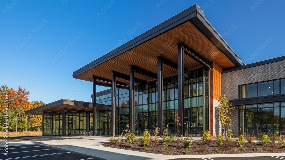 Modern building with large glass windows, wooden roof, and black pillars, set against a blue sky. Modern building with large glass windows, wooden roof, and black pillars, set against a blue sky.