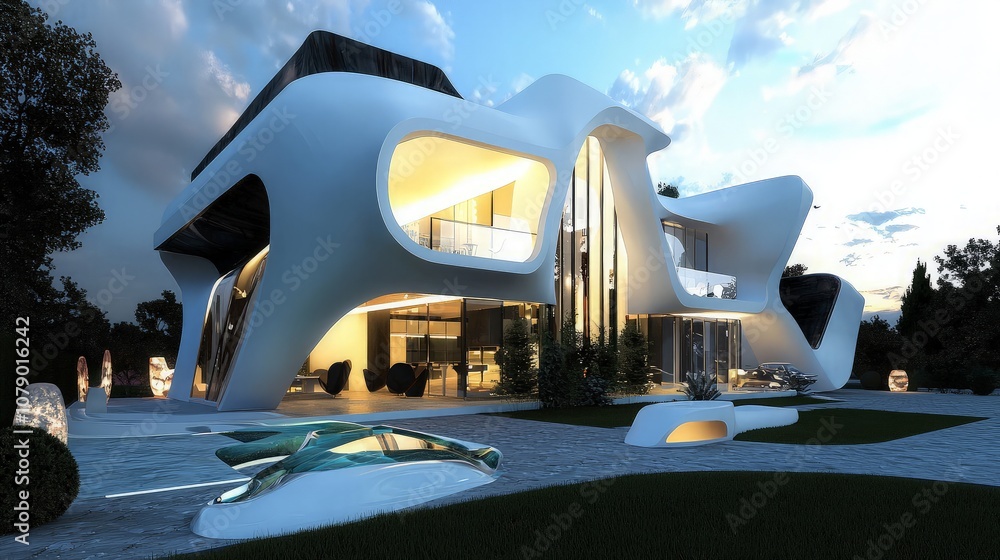 Fototapeta premium Modern, futuristic, white, curved, and sleek house exterior with large windows and a paved driveway at dusk.