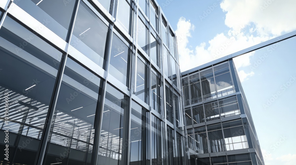 Obraz premium Modern glass building exterior with blue sky and clouds in the background.