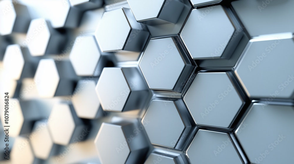 An array of 3D hexagonal pillars in a soft metallic silver finish, subtly catching light at different angles to create a dynamic, modern visual effect. An array of 3D hexagonal pillars in a soft metallic silver finish, subtly catching light at different angles to create a dynamic, modern visual effect.