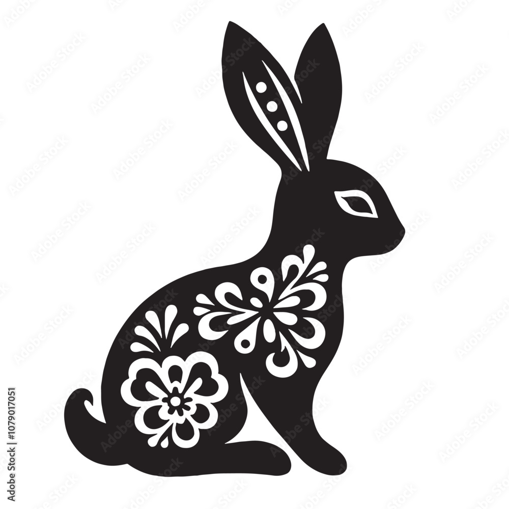 Rabbit in folk art black and white silhouette vector on white background Rabbit in folk art black and white silhouette vector on white background
