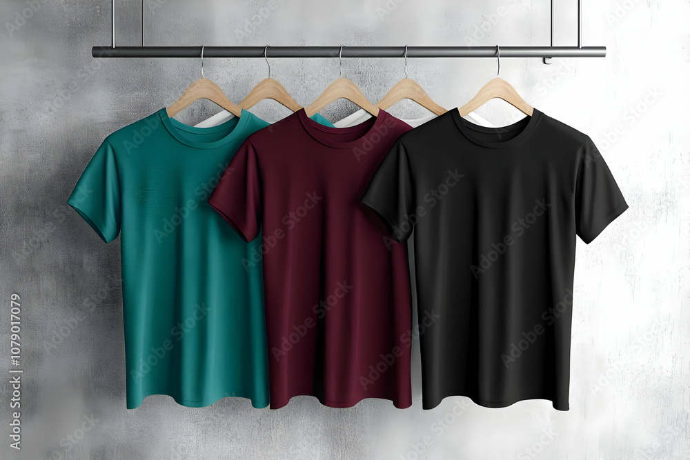 Three plain t-shirts hanging on wooden hangers against a textured wall, with a teal, burgundy, and black color scheme. Three plain t-shirts hanging on wooden hangers against a textured wall, with a teal, burgundy, and black color scheme.