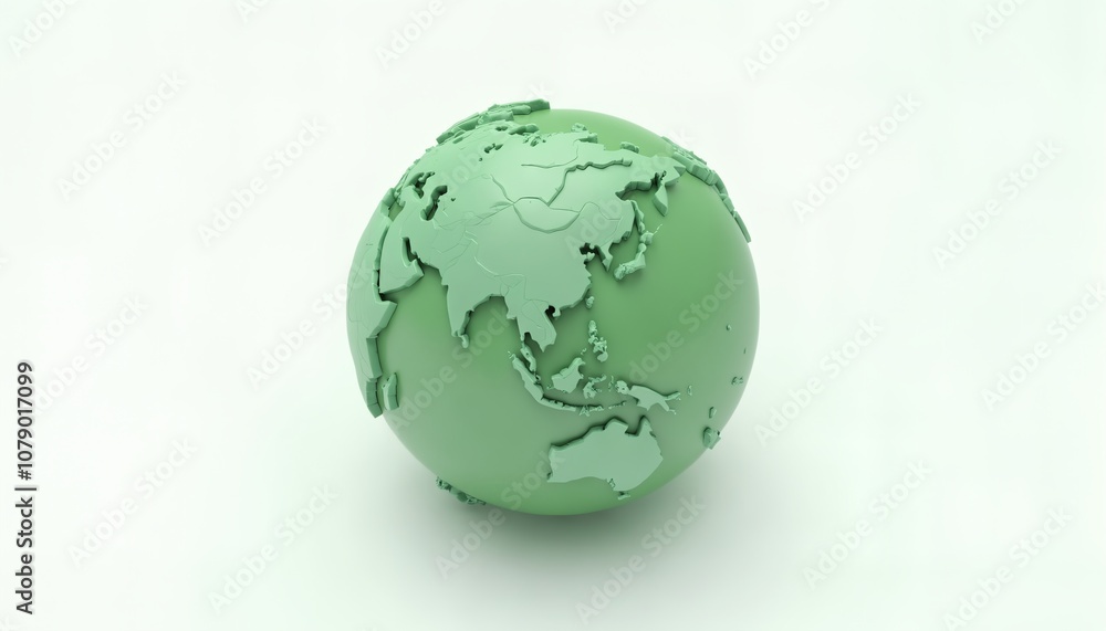 A minimalistic 3D green sphere representing Earth, covered in textured terrain and scattered clouds. The planet floats on a pure white background, focusing attention on the harmonious design. A minimalistic 3D green sphere representing Earth, covered in textured terrain and scattered clouds. The planet floats on a pure white background, focusing attention on the harmonious design.