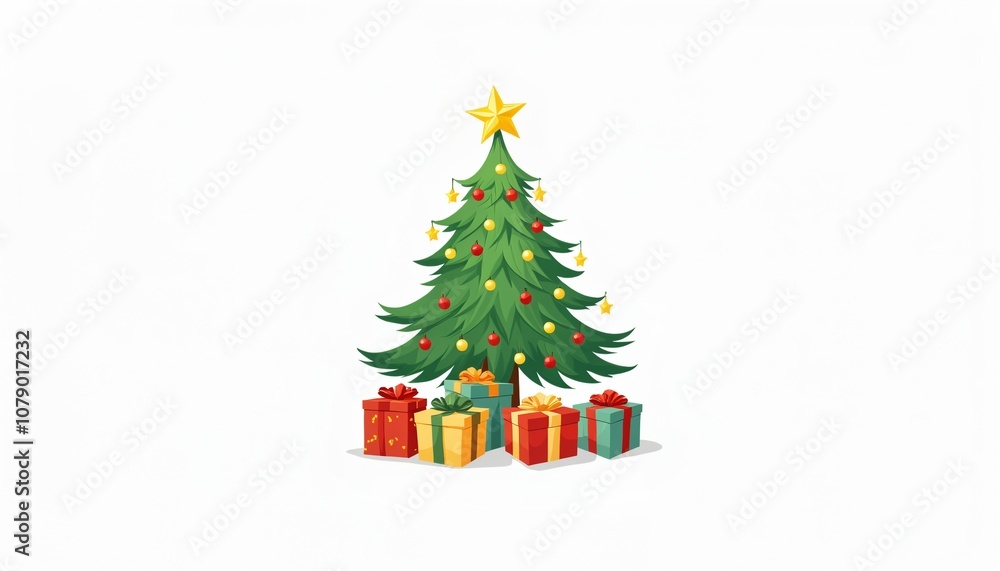 A beautifully decorated Christmas tree illustration with a shining golden star on top, surrounded by colorful gift boxes tied with ribbons. A beautifully decorated Christmas tree illustration with a shining golden star on top, surrounded by colorful gift boxes tied with ribbons.