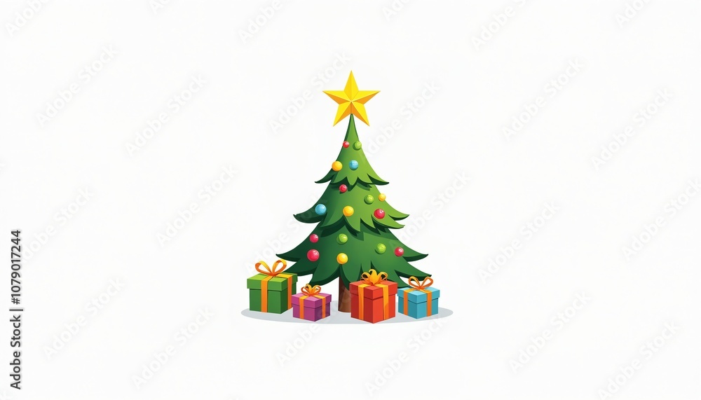 Obraz premium A beautifully decorated Christmas tree illustration with a shining golden star on top, surrounded by colorful gift boxes tied with ribbons.