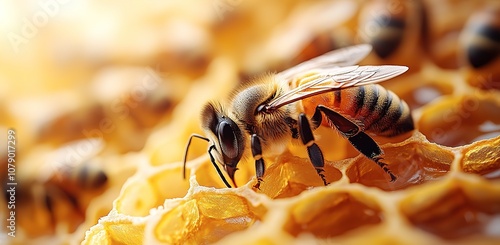 A bee is on a honeycomb photo