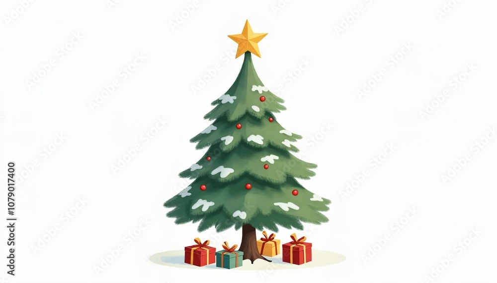 An illustrated Christmas tree with a glittering star topper, detailed with snow-covered branches and little gift boxes beneath. An illustrated Christmas tree with a glittering star topper, detailed with snow-covered branches and little gift boxes beneath.