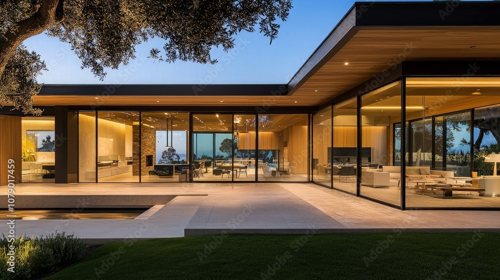 Modern home with large windows overlooking a grassy lawn and pond. Modern home with large windows overlooking a grassy lawn and pond.