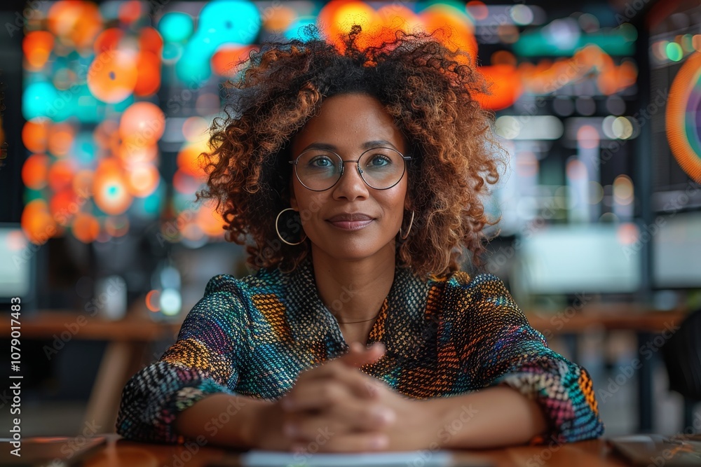 Empowered woman leading a vibrant team meeting in a modern workspace filled with colorful digital displays Empowered woman leading a vibrant team meeting in a modern workspace filled with colorful digital displays