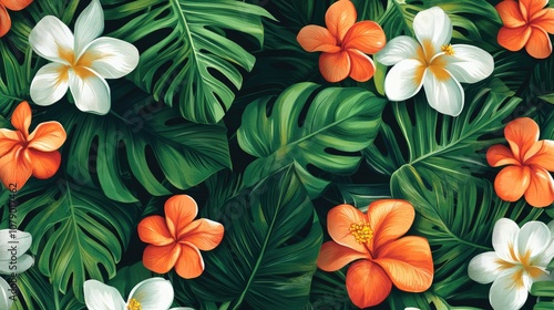 Vibrant tropical floral design with lush green leaves and colorful flowers in shades of orange and white.