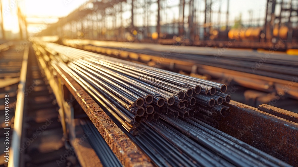 A close-up view of steel rods stacked in an industrial setting, showcasing the texture and details of metalwork under warm sunset lighting. A close-up view of steel rods stacked in an industrial setting, showcasing the texture and details of metalwork under warm sunset lighting.