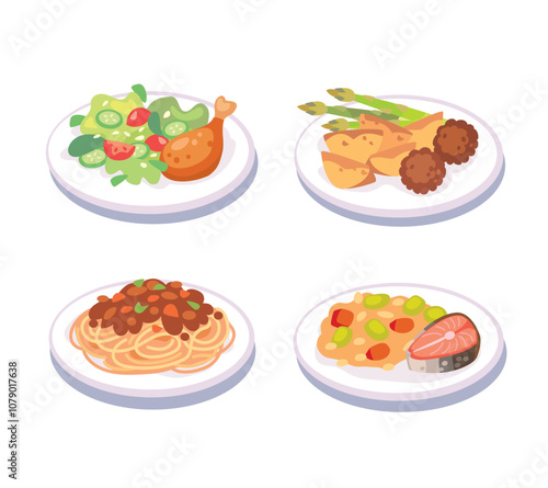 Vector set collection of various basic dishes presented on individual plates. Restaurant Meal, dishes served on plates. Flat design. Breakfast or lunch menu. Images of traditional food, meals 