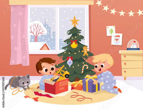 kids children little brothers sitting near Christmas tree opening christmas gift boxes, exchanging presents with spectacular snow fall behind the window. Vector illustration