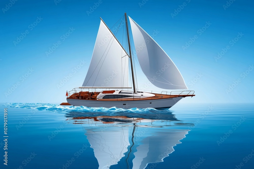 Fototapeta premium 2D illustration of a sailboat on calm ocean water, with gentle waves and a white background