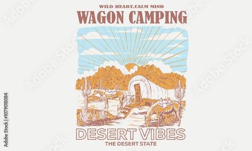 Wagon camping artwork design for sticker, poster, background, fashion and others. Cactus tree with flower vector design. Desert adventure art. Arizona vintage print design for t shirt.