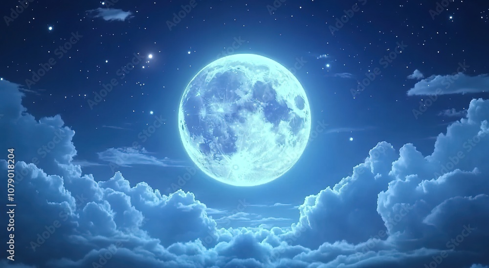 Fototapeta premium A beautiful full moon shines in the night sky, surrounded by clouds and stars.
