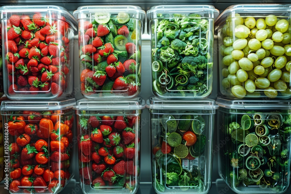 Fresh fruits and vegetables organized in clear containers inside a refrigerator, showcasing vibrant colors and healthy options Fresh fruits and vegetables organized in clear containers inside a refrigerator, showcasing vibrant colors and healthy options