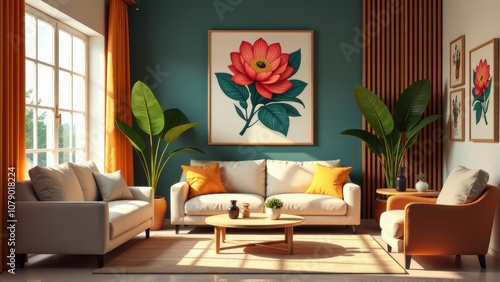 Modern Living Room Interior with Floral Art and Tropical Plants