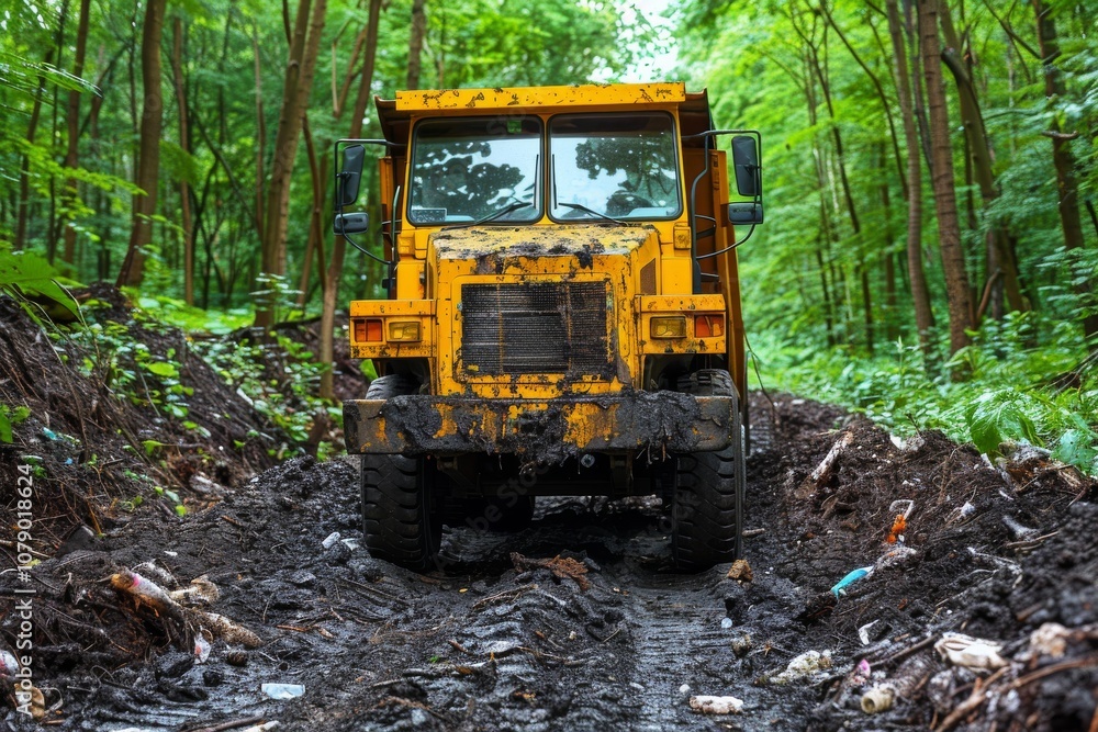 A yellow dump truck navigates through muddy terrain littered with waste in a forested area on a cloudy day A yellow dump truck navigates through muddy terrain littered with waste in a forested area on a cloudy day