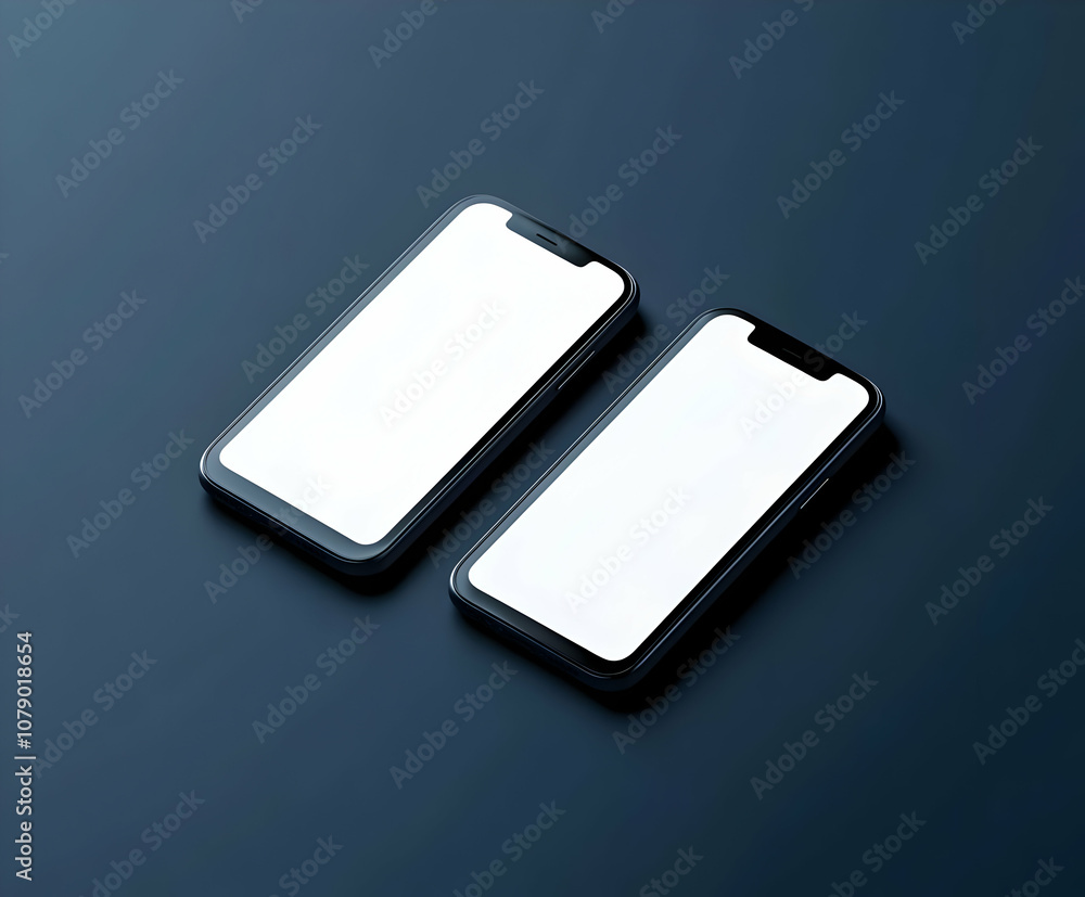Two black smartphones with blank white screens are on a dark blue surface, angled and slightly overlapping. Two black smartphones with blank white screens are on a dark blue surface, angled and slightly overlapping.