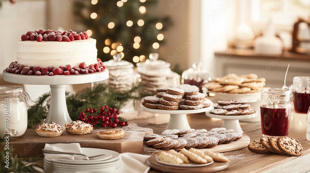 A festive table filled with Christmas treats, including a cake topped with raspberries and various cookies A festive table filled with Christmas treats, including a cake topped with raspberries and various cookies