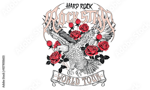 Hard rock. Rose with eagle artwork. Rock star design. Eagle fly vector artwork for t shirt and others. Rock and roll graphic print design for apparel, stickers, posters and background.