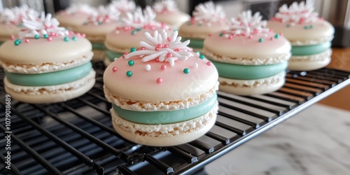 Delicate Floral Macarons: A delightful close-up of pastel macarons with delicate floral piping, showcasing meticulous craftsmanship and a touch of elegance.  