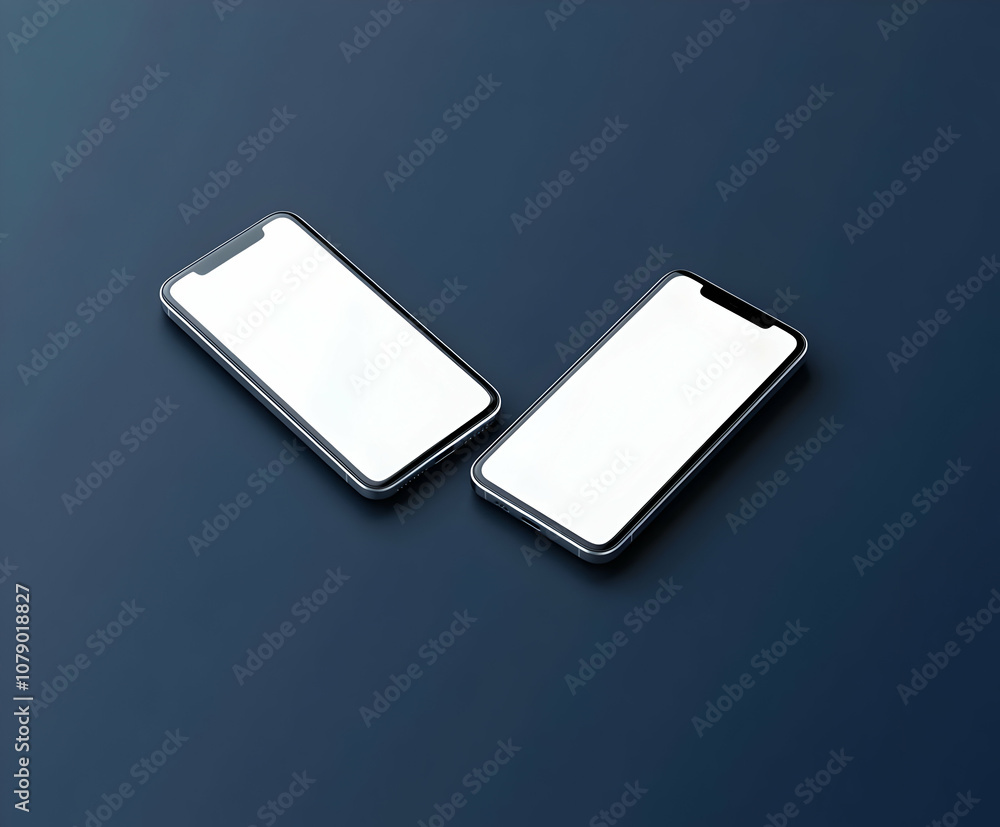 Two blank screen smartphones lying on dark blue background. Two blank screen smartphones lying on dark blue background.