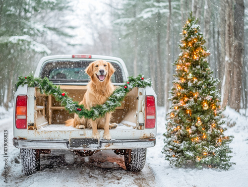 a golden retriever sits on the back of an old car in winter, next to a Christmas tree, New Year's Eve.