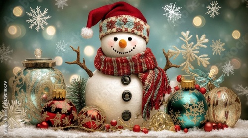 Winter Wonderland Snowman: A cheerful snowman with a red knit hat and scarf stands amidst festive ornaments, snowflakes, and twinkling lights, evoking a magical winter wonderland atmosphere. 