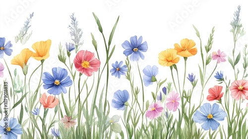 A vibrant array of colorful wildflowers in a watercolor style, showcasing yellows, pinks, blues, and greens.