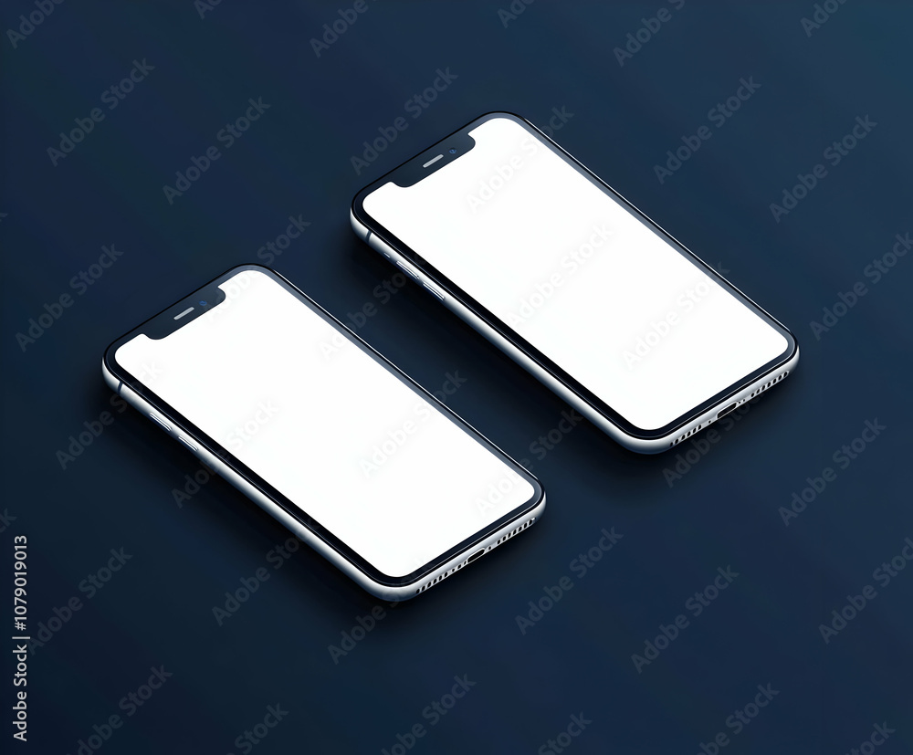 Two blank screen smartphones with minimal design on a blue background. Two blank screen smartphones with minimal design on a blue background.