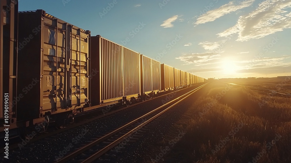 Fototapeta premium A train moving through an open landscape during sunset, showcasing a serene travel experience with warm colors illuminating the horizon.