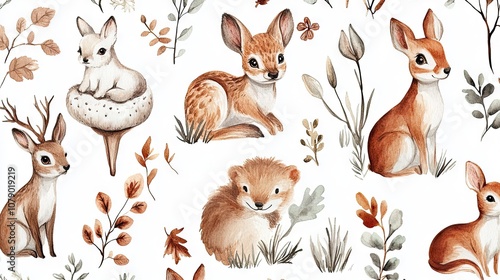 Charming watercolor illustrations of woodland animals surrounded by delicate foliage.