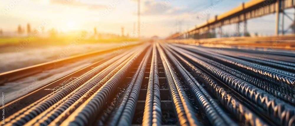 An upward view of railway tracks stretching into the horizon at sunset, showcasing the serene beauty of transportation's industrial landscape. An upward view of railway tracks stretching into the horizon at sunset, showcasing the serene beauty of transportation's industrial landscape.
