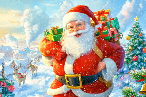 Santa Claus with a bag of gifts.