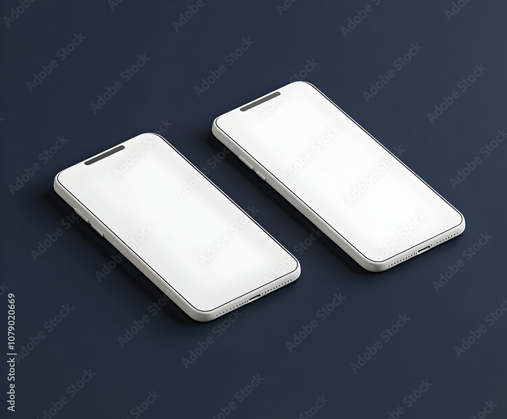Two white smartphones with blank screens lay on a navy blue surface. Two white smartphones with blank screens lay on a navy blue surface.