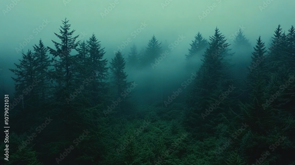 Misty forest with tall pine trees shrouded in fog. Misty forest with tall pine trees shrouded in fog.