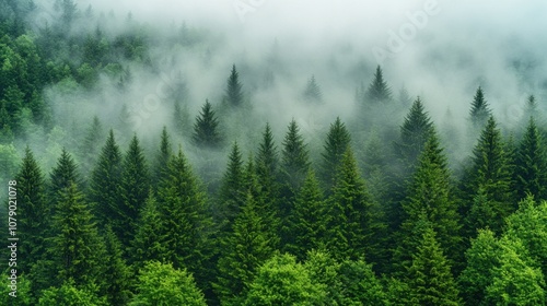 Misty Forest with Evergreen Trees.