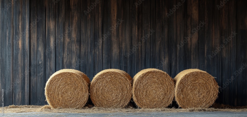 A serene setting featuring rolled hay bales against a rustic wooden wall, evoking a peaceful agricultural atmosphere. A serene setting featuring rolled hay bales against a rustic wooden wall, evoking a peaceful agricultural atmosphere.