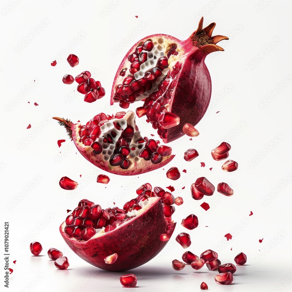 Vibrant pomegranate bursting apart, showcasing juicy seeds against a white background. Vibrant pomegranate bursting apart, showcasing juicy seeds against a white background.